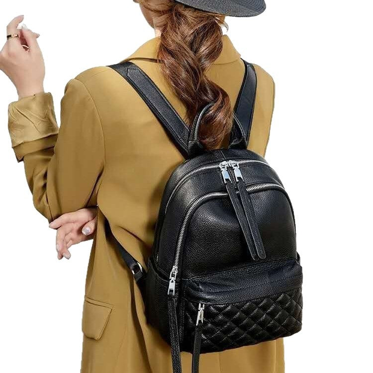 Genuine Top Layer Pebbled Cowhide Backpack for Women, New Diamond Quilted Stitching Large Capacity Commute Daypack, Off-White Casual Travel Bag for Ladies