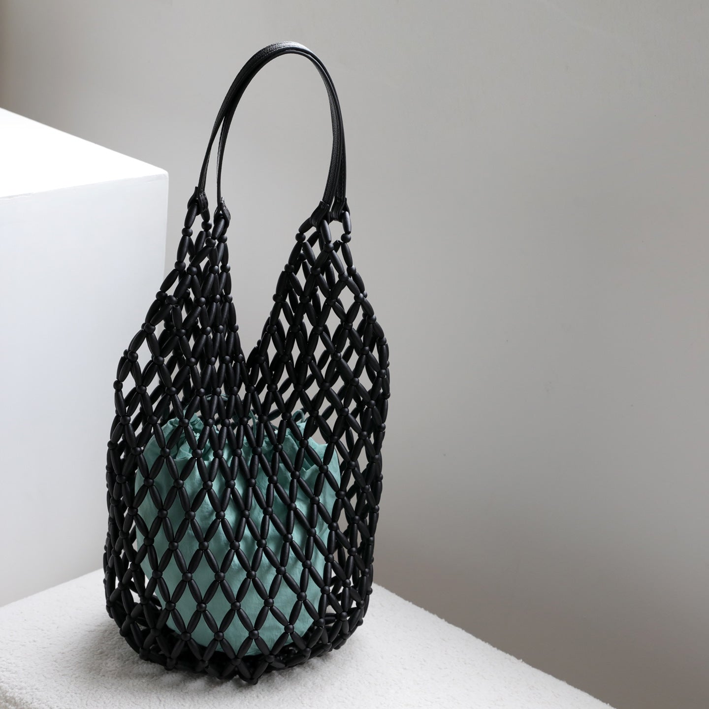 Wooden Bead Handwoven Underarm Bag for Women Cowhide Leather Shoulder Handbag, Artistic Resort Style Purse with Hollow Design