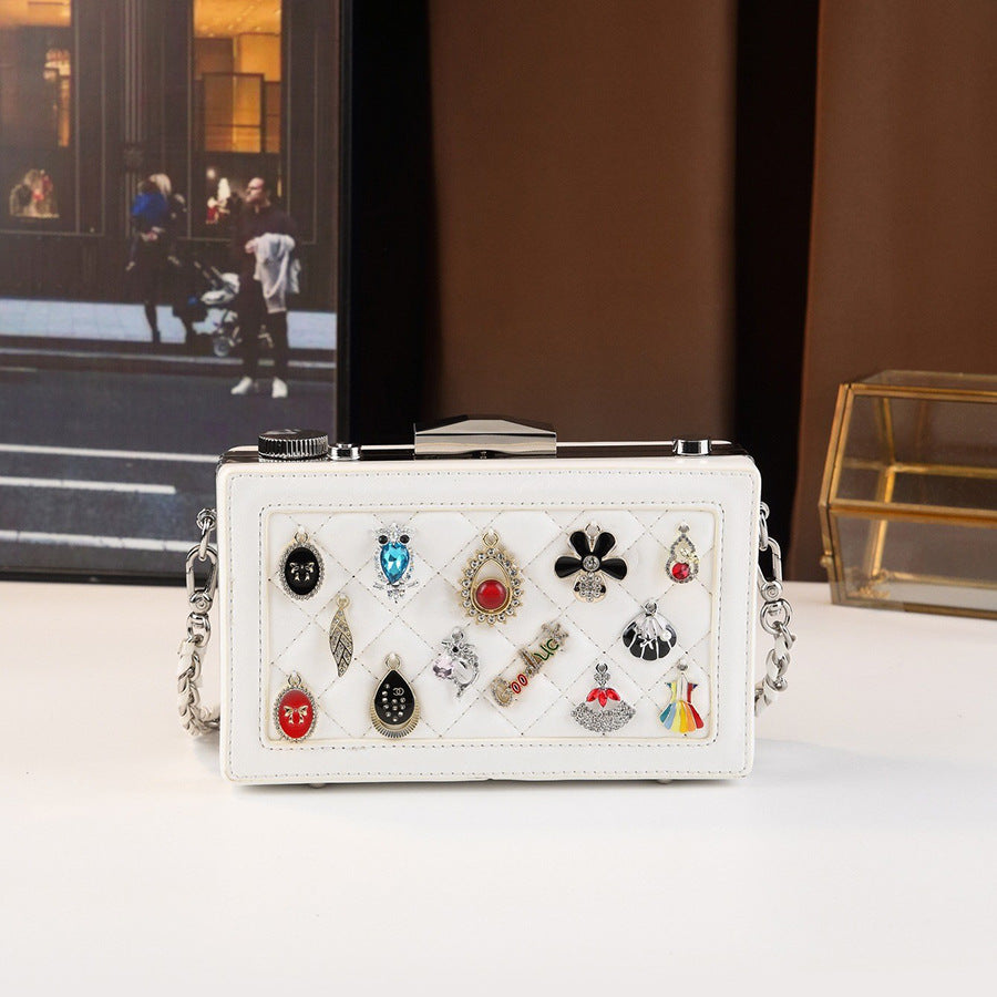 Gemstone Embellished Clasp Mini Square Bag for Women Korean Style Quilted Shoulder Crossbody Purse with Trendy Jewelry Accent