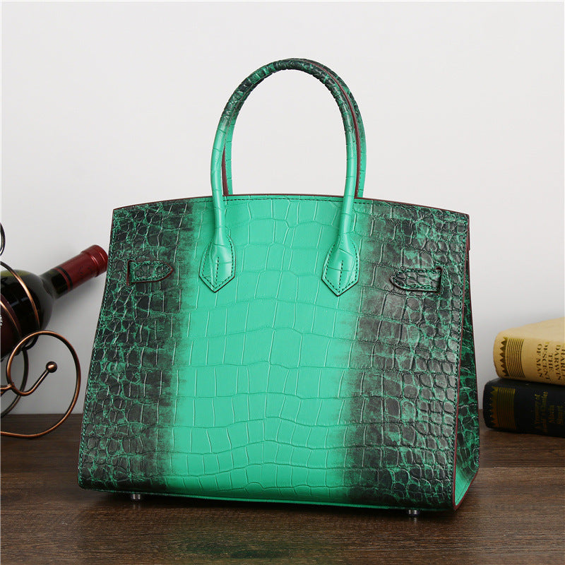 Premium Croc-Effect Birkin-Inspired Tote Bag for Women, Genuine Leather Large Capacity Color-Blocked Business Handbag with Versatile Shoulder Crossbody Carry