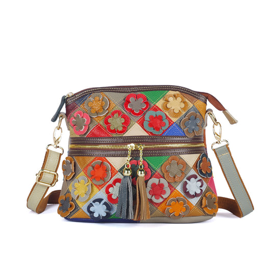 Ethnic Handmade Colorful Patchwork Floral Cowhide Bag, Color Block Shoulder Crossbody Purse, Fashionable Handbag for Women