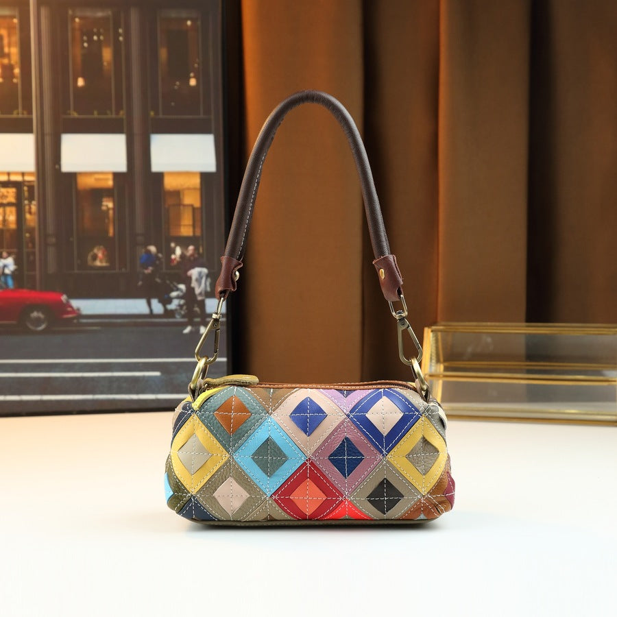 Pebble Grain Leather Colorful Checkered Pillow Bag for Women Ethnic Shoulder Crossbody Handbag, Random Color-Block Purse with Unique Design