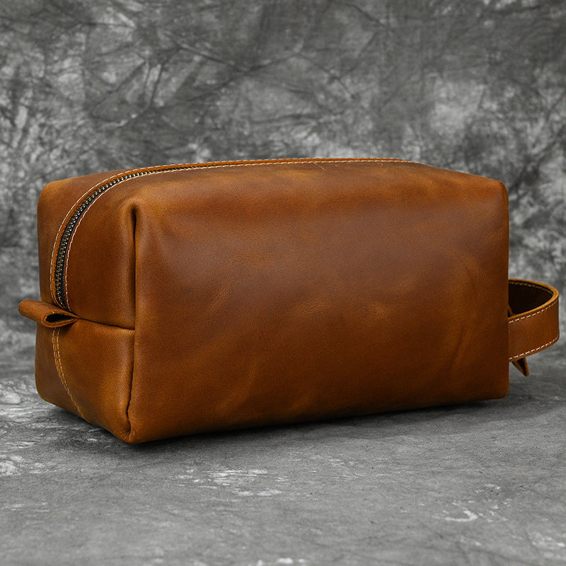 New Crazy Horse Leather Multifunctional Toiletry Bag, Unisex Travel Cosmetic Pouch, Genuine Leather Clutch for Men and Women
