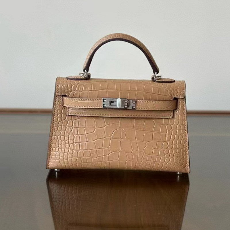 Genuine Leather High-Gloss Crocodile-Embossed Kelly-Style Bag for Women, New 2nd Gen Mini Top Handle Shoulder Purse, Premium Handbag for Ladies