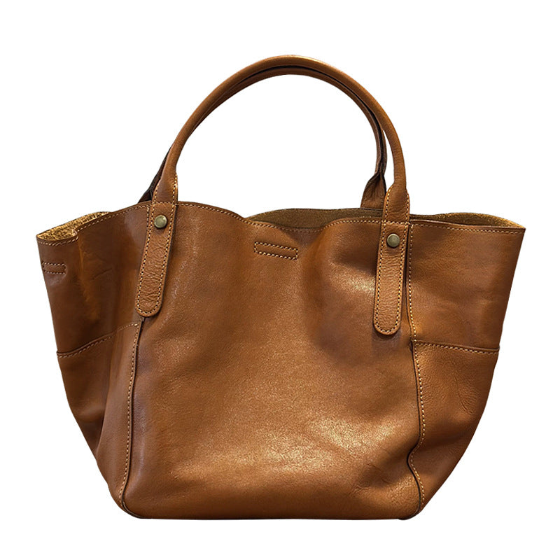 Handmade Cowhide Large Capacity Shopping Tote Bag for Women, Vintage Bucket Shoulder Crossbody Top Handle Purse, Genuine Leather Handbag for Ladies
