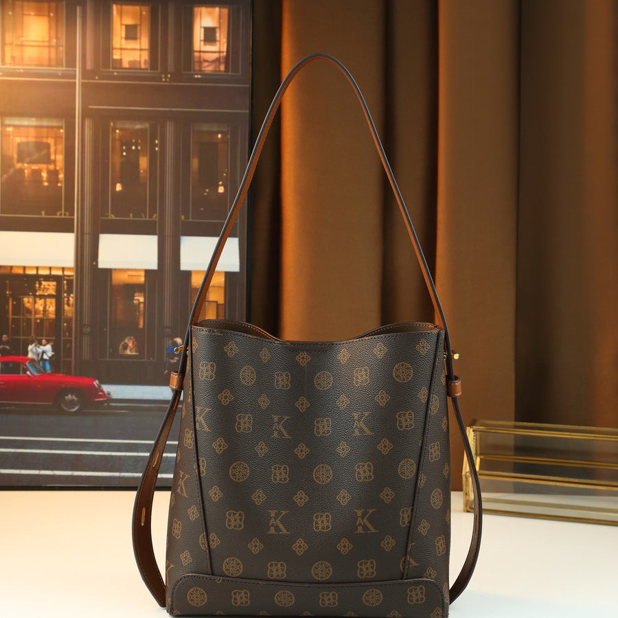 Vintage Monogram Bucket Bag for Women Large Capacity Shoulder Crossbody Handbag, Classic Logo Print Purse with Stylish Everyday Appeal