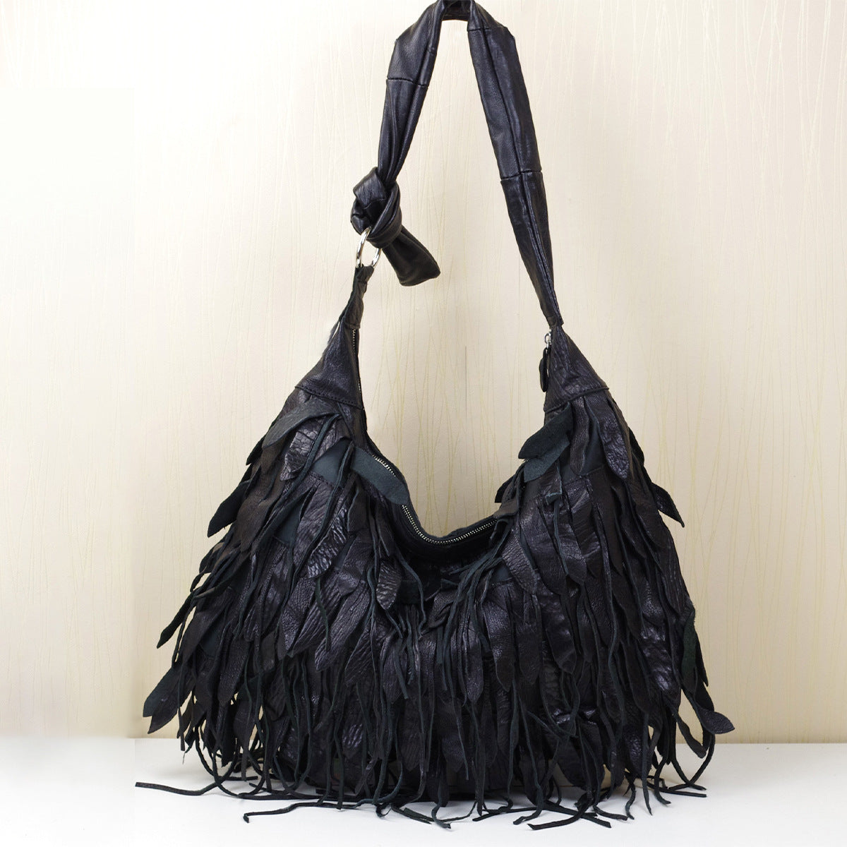 Genuine Sheepskin Leather Black Striped Fringe Hobo Bag for Women, New Arrival Soft Casual Shoulder Crossbody Purse, Stylish Designer Handbag