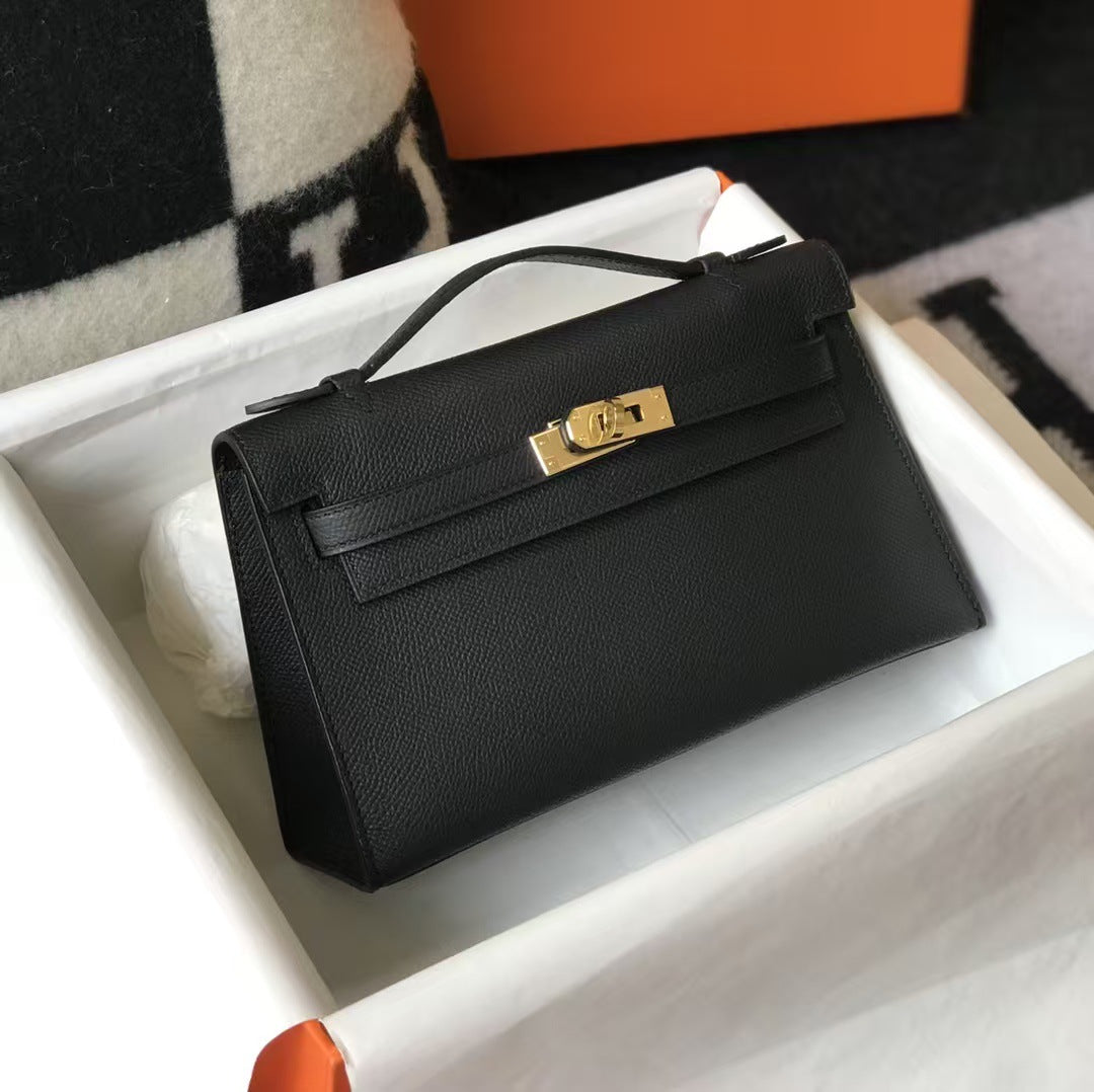 Genuine Top Layer Epsom Palm Texture Cowhide Kelly-Style 22cm Bag for Women, Trendy Street Style Small Square Top Handle Purse, Fashionable Handbag for Ladies