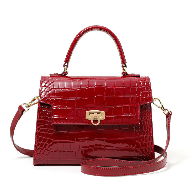 Genuine Leather Glossy Crocodile-Embossed Handbag for Women, 2026 New Lock Buckle Large Capacity Shoulder Crossbody Purse, Trendy Bag for Ladies