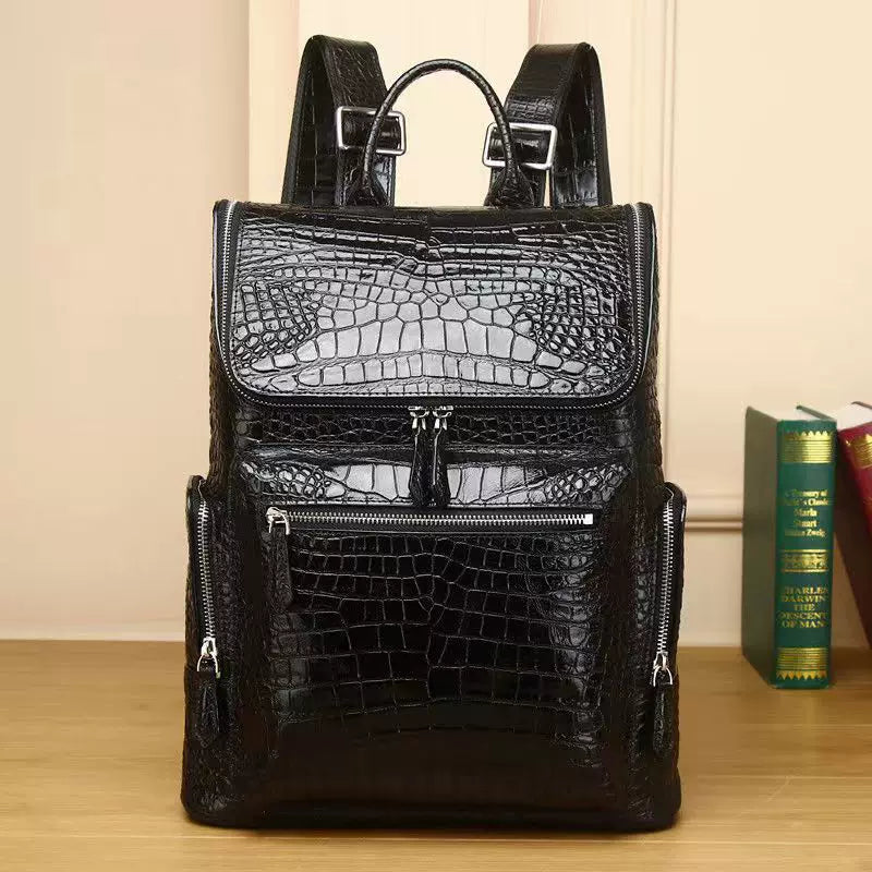 Premium Genuine Leather Croc-Effect Backpack for Men, Large Capacity Business Travel Laptop Bag with High-End Casual Style, Perfect Work & Weekend Bag