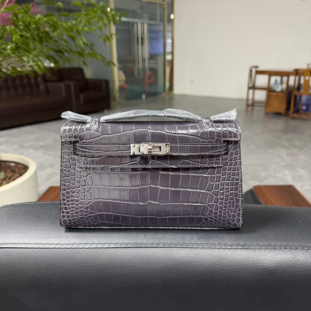 Genuine Top Layer Cowhide Crocodile-Embossed Kelly-Style 22cm Bag for Women, Hand-Stitched Waxed Thread with Full Steel Hardware, Light Luxury Small Square Top Handle Purse for Ladies
