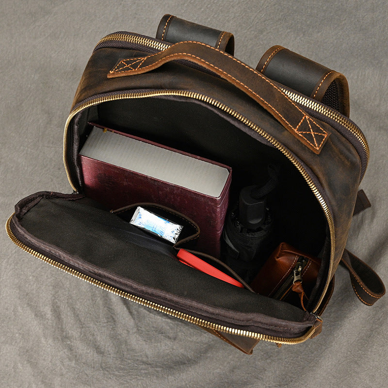Double Zipper Main Pocket Crazy Horse Leather Backpack, Large Capacity Casual Travel Daypack, Genuine Cowhide Bag for Men