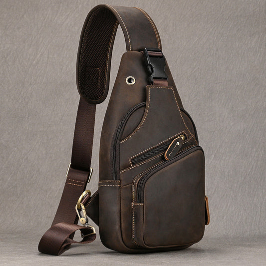 Vintage Crazy Horse Leather Chest Crossbody Bag, Top Layer Cowhide Shoulder Pouch, Casual Commute Outdoor Bag for Men