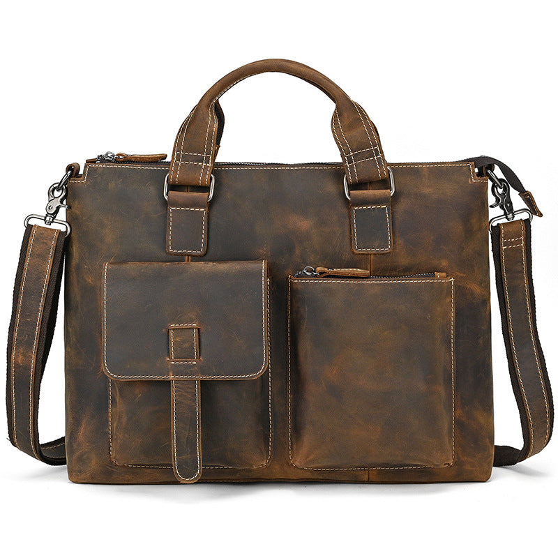 Genuine Crazy Horse Leather Business Briefcase for Men, Casual Crossbody Shoulder Top Handle Bag, Multifunctional Laptop Work Bag for Gentlemen