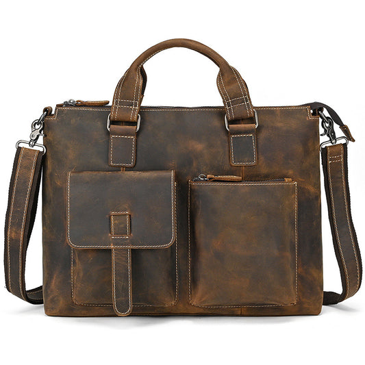 Genuine Crazy Horse Leather Business Briefcase for Men, Casual Crossbody Shoulder Top Handle Bag, Multifunctional Laptop Work Bag for Gentlemen