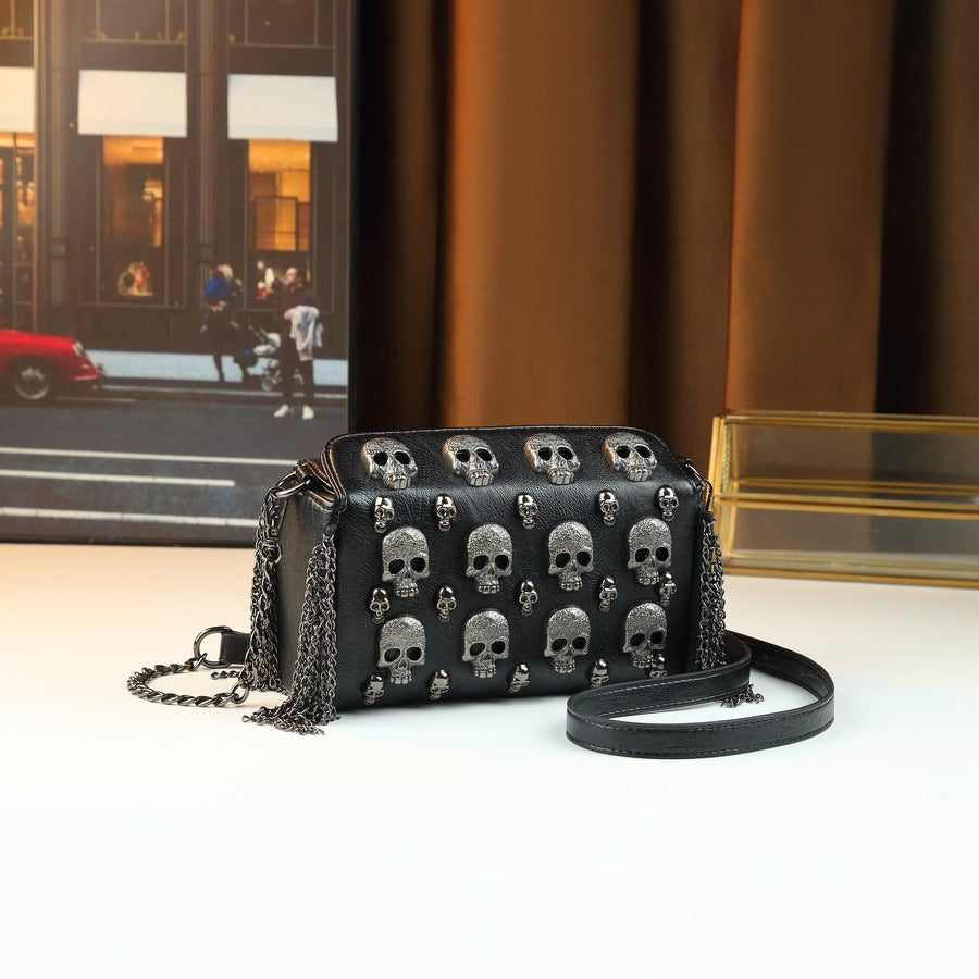 Halloween Metal Skull Mini Square Bag for Women Chain Shoulder Crossbody Purse, Quirky Fun Handbag with Edgy Halloween Style