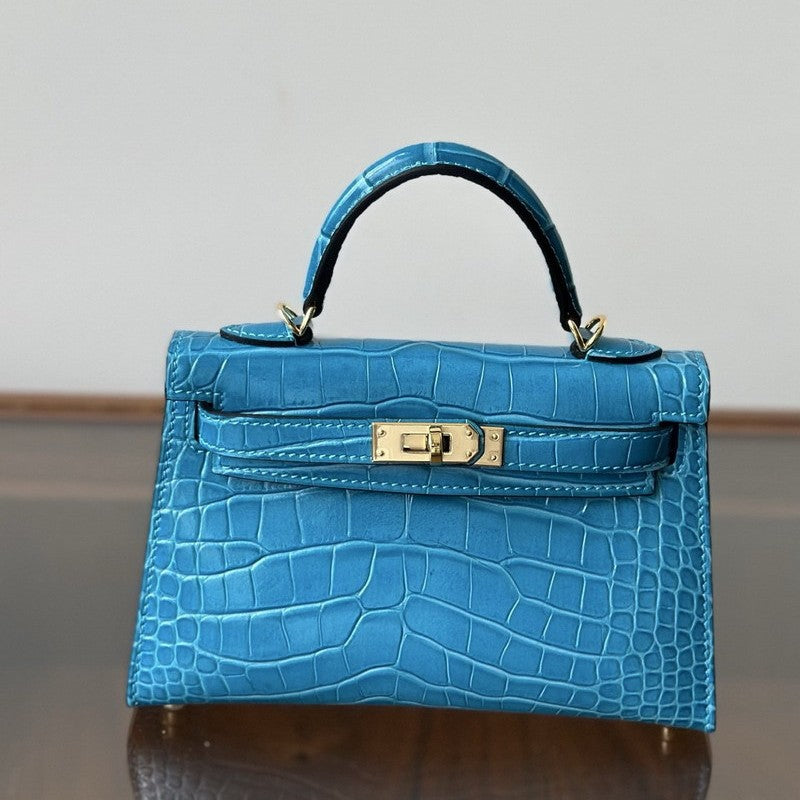 Genuine Leather High-Gloss Crocodile-Embossed Kelly-Style Bag for Women, New 2nd Gen Mini Top Handle Shoulder Purse, Premium Handbag for Ladies