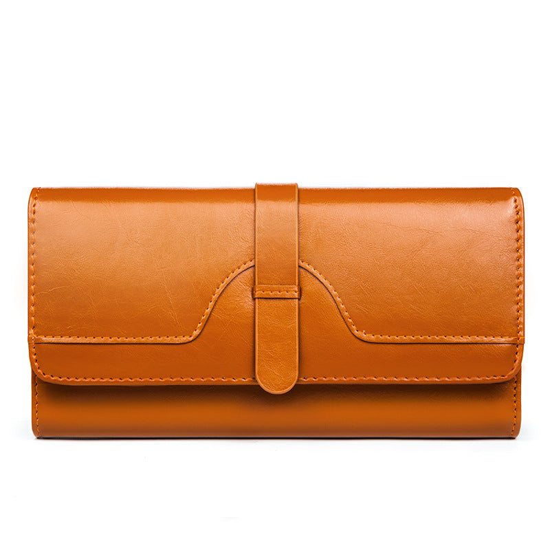 Genuine Cowhide Long Tri-Fold Wallet for Women, Snap Button Multi-Card Large Capacity Clutch Purse, Premium Leather Money Holder for Ladies