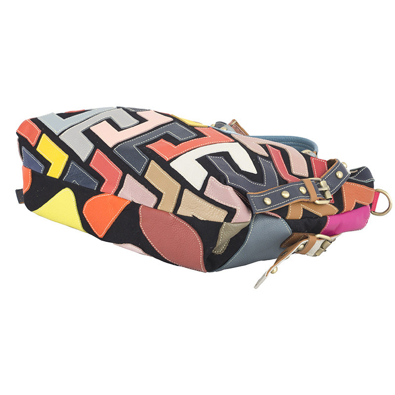 Genuine Leather Ethnic Geometric Color Block Handbag for Women, New Arrival Top Handle Shoulder Crossbody Purse, Trendy Designer Bag for Ladies
