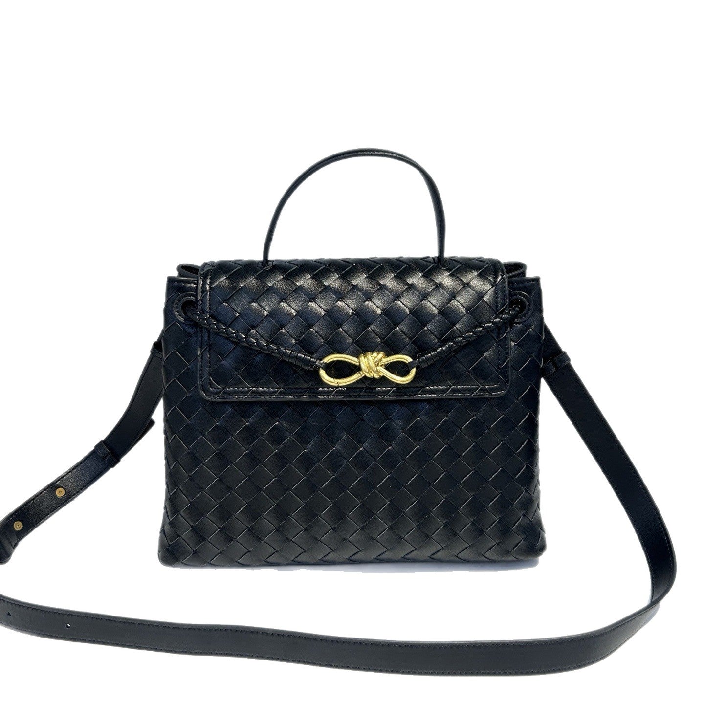 Genuine Leather Woven Tote with Butterfly Gold Buckle Flap, Large Commuter Shoulder & Crossbody Bag for Women
