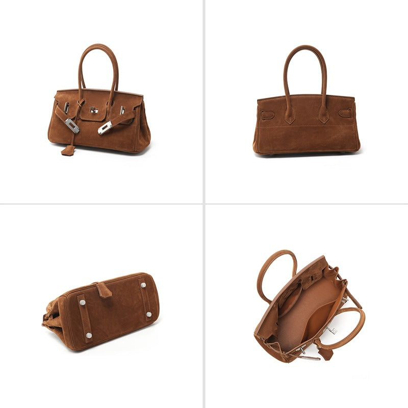 Chic Suede Horizontal Birkin-Inspired Tote Bag for Women, Large Capacity Genuine Leather Handbag with Unique Premium Design, Versatile Everyday Purse