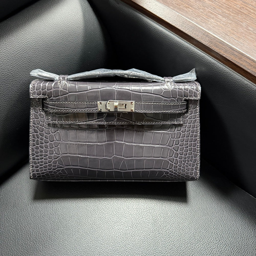 Genuine Top Layer Cowhide Crocodile-Embossed Kelly-Style 22cm Bag for Women, Hand-Stitched Waxed Thread with Full Steel Hardware, Light Luxury Small Square Top Handle Purse for Ladies