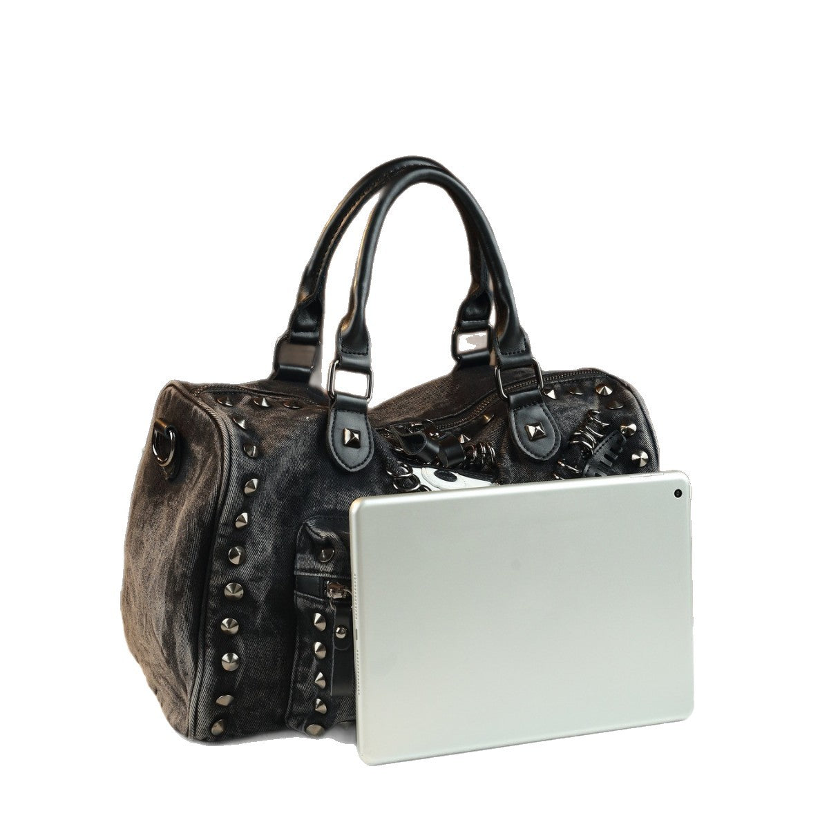 Denim Rivet Chain Bag for Women Casual Stylish Top Handle Shoulder Crossbody Purse, Large Capacity Handbag with Trendy Hardware Accents