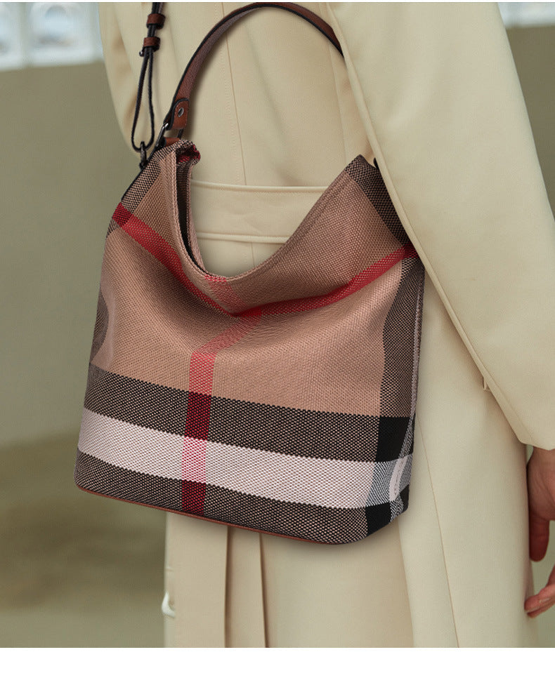 2026 New Premium Leather Trim Canvas Bucket Bag, Large Capacity Casual Shoulder Purse, Trendy Plaid Handbag for Women