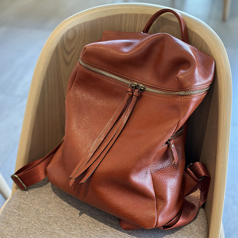 Genuine Top Layer Vegetable-Tanned Cowhide Backpack for Women, Vintage Minimalist School Travel Daypack, Large Capacity Leather Bag for Ladies