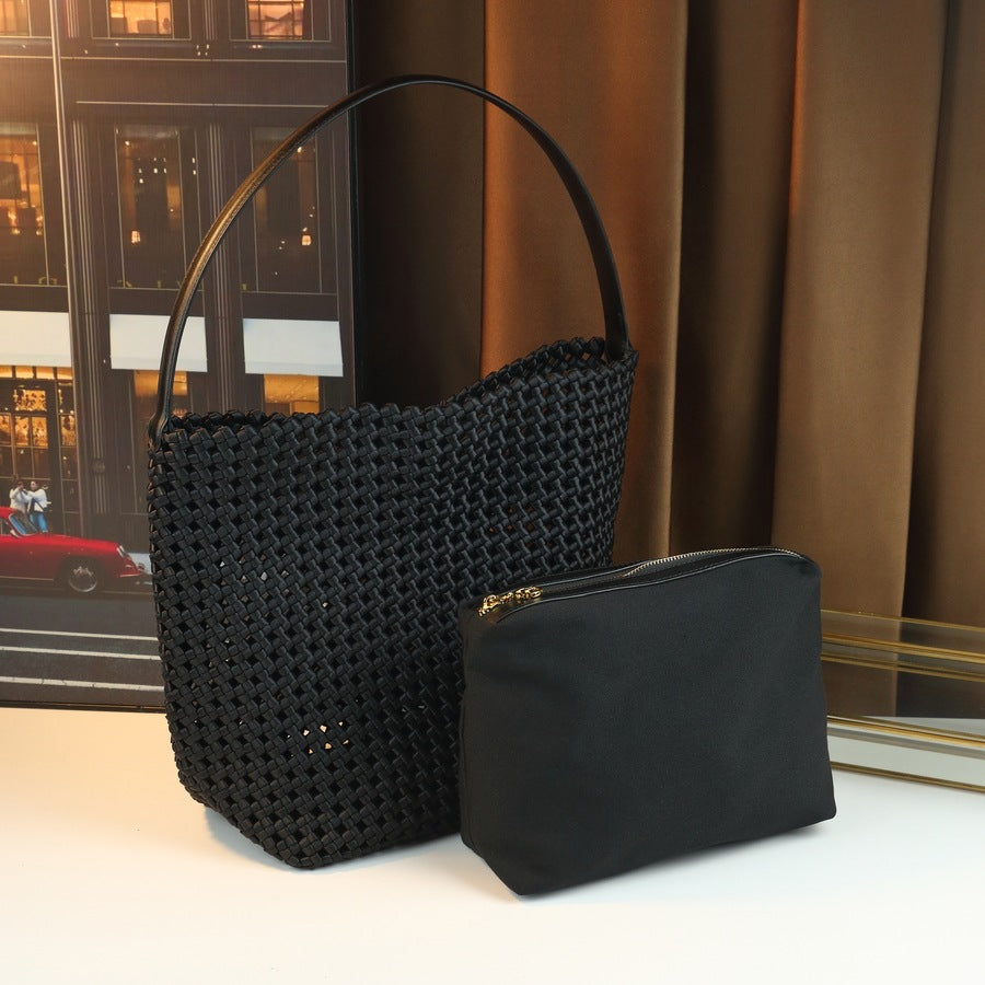Nylon Woven Bucket Tote Bag for Women with Detachable Sub-Bag, Large Capacity Shoulder Underarm Crossbody Handbag with Versatile Design