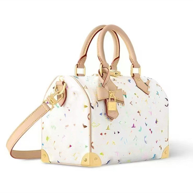 White Tricolor Speedy Style Travel Duffle Bag for Couples Large Capacity Pillow Handbag, Trendy Studded Carryall for Weekend Getaways