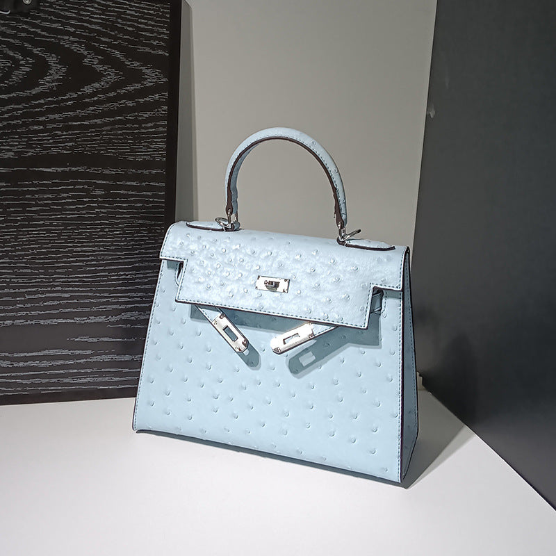 Genuine Leather Ostrich-Embossed Kelly-Style Bag for Women, New Spring Summer Premium Shoulder Crossbody Top Handle Purse, Fashionable Versatile Handbag for Ladies