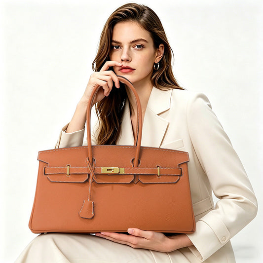 Chic 40cm Horizontal Birkin-Inspired Tote Bag for Women, Premium Top-Layer Cowhide Leather Crossbody Top-Handle Handbag with Spacious Large Capacity, Ideal Commuter Shoulder Bag