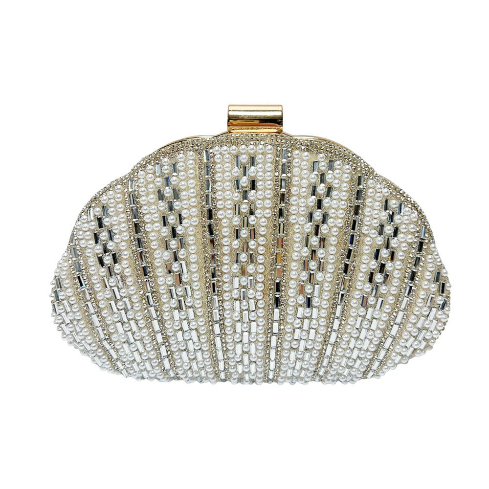Women's Pearl Rhinestone-Embellished Shell Evening Clutch, New Glamorous Chain Crossbody Bag with Versatile Elegant Design, Premium Fashion Purse