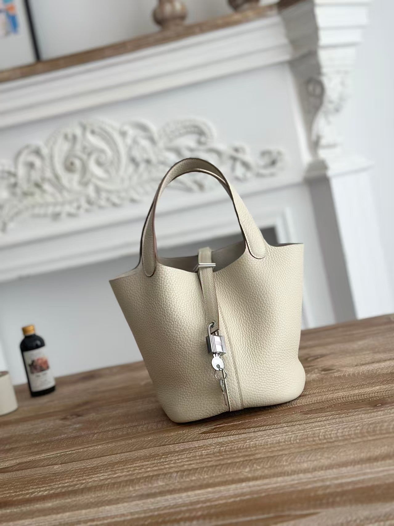 Genuine TC Cowhide 18cm Basket Bucket Bag for Women, Hermès-Style High-Quality Top Handle Handbag, New Premium Leather Purse for Ladies