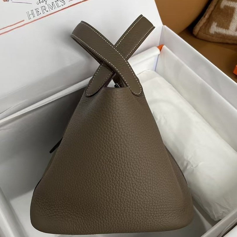 Genuine TC Cowhide 18cm Basket Bucket Bag for Women, Hermès-Style High-Quality Top Handle Handbag, New Premium Leather Purse for Ladies