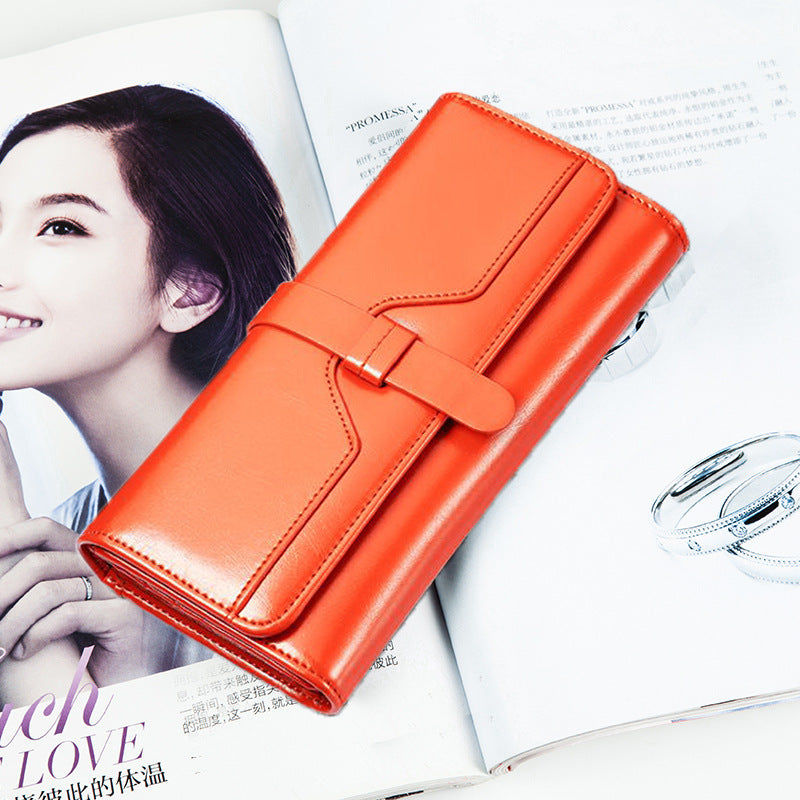 Genuine Cowhide Long Tri-Fold Wallet for Women, Snap Button Multi-Card Large Capacity Clutch Purse, Premium Leather Money Holder for Ladies