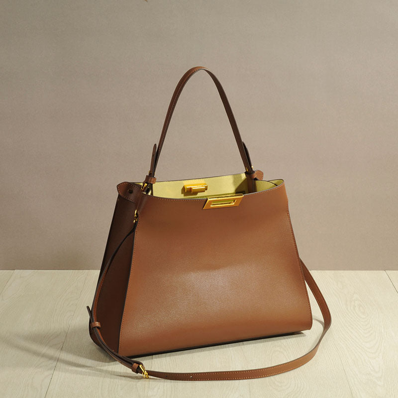 Premium Calfskin Leather Peekaboo Style Large Shoulder Tote Crossbody Handbag for Women, Top Handle Underarm Bag with X-Lite Design