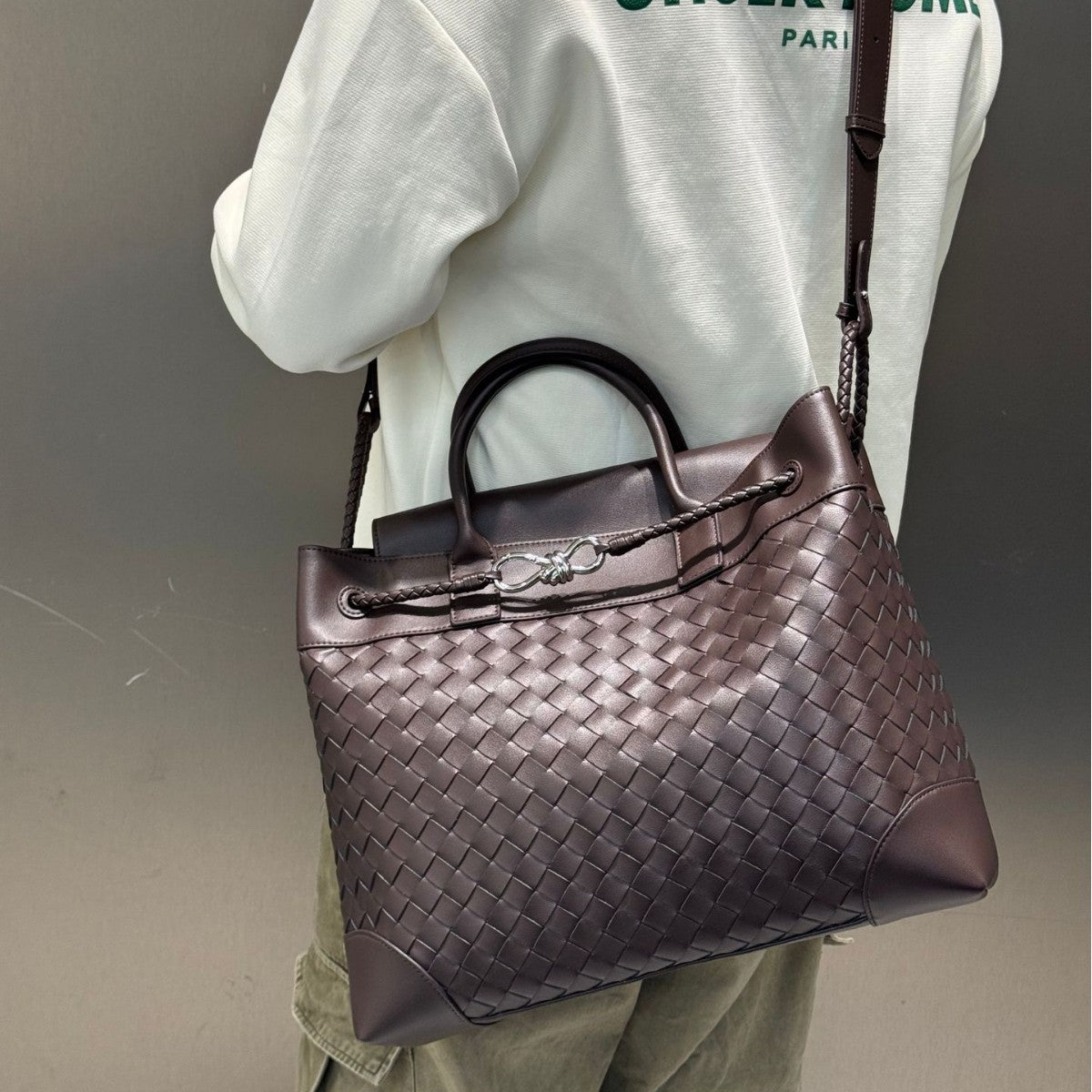 Cowhide Woven Large Tote with Silver Butterfly Buckle, Unisex Shoulder & Crossbody Bag