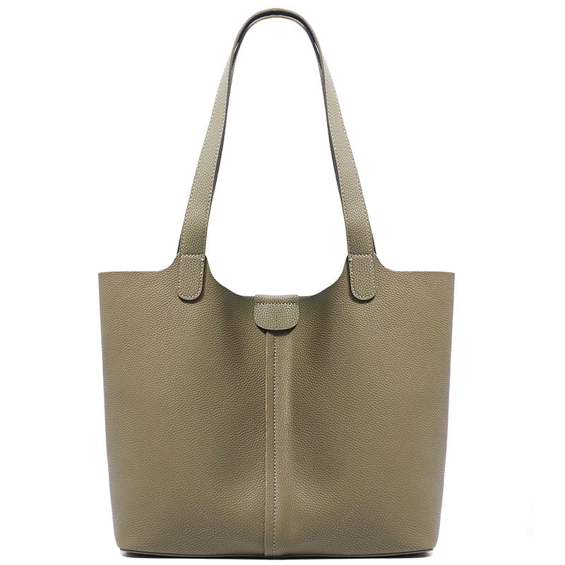 Genuine Leather Bucket Tote Bag for Women Large Capacity Commuter Shoulder Handbag, Practical Cowhide Purse with Versatile Everyday Style