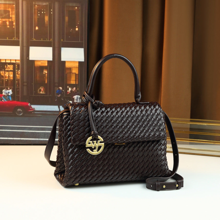 Handwoven Mini Square Bag for Women Niche Commuter Shoulder Handbag, Minimalist Purse with Round Hardware Accent