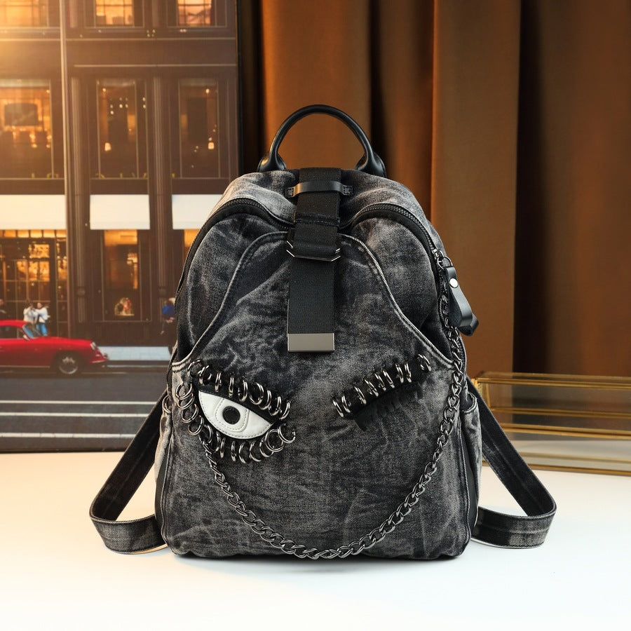 Denim Eye Chain Backpack for Women Large Capacity Casual Shoulder Handbag, Personality Trendy Purse with Edgy Hardware Accent