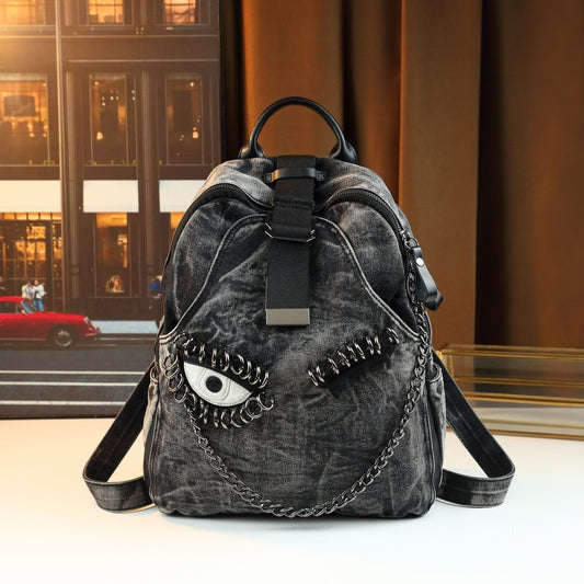 Denim Eye Chain Backpack for Women Large Capacity Casual Shoulder Handbag, Personality Trendy Purse with Edgy Hardware Accent