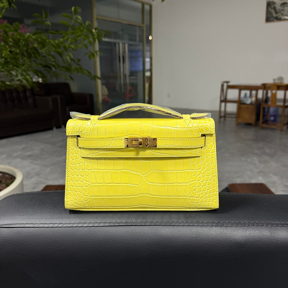Genuine Top Layer Cowhide Crocodile-Embossed Kelly-Style 22cm Bag for Women, Hand-Stitched Waxed Thread with Full Steel Hardware, Light Luxury Small Square Top Handle Purse for Ladies