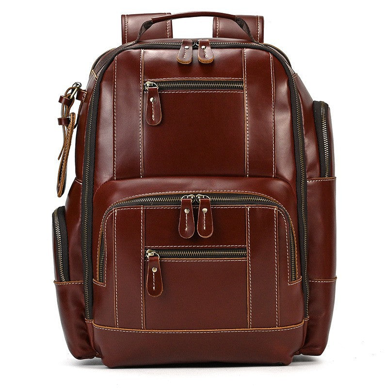 Multifunctional Crazy Horse Leather Large Capacity Backpack, Outdoor Travel School Daypack, Fits 15-Inch Laptop for Men