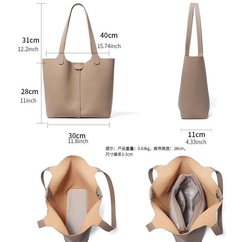 Genuine Leather Bucket Tote Bag for Women Large Capacity Commuter Shoulder Handbag, Practical Cowhide Purse with Versatile Everyday Style
