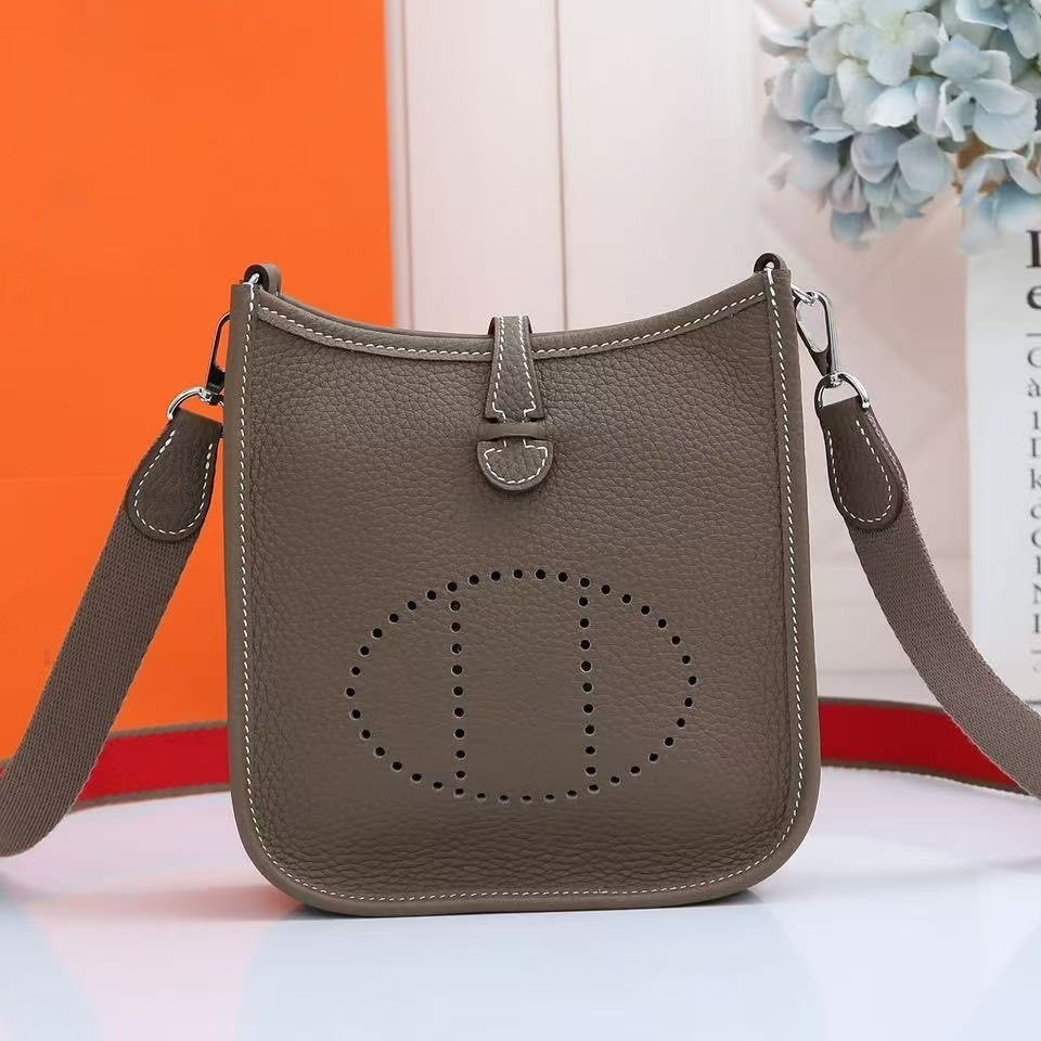 Genuine Top-Grain Leather Crossbody Bag for Women, Togo Cowhide Saffiano-Embossed Shoulder Purse with Hollow-Out Detail, Compact Lightweight Summer Handbag for Daily Use