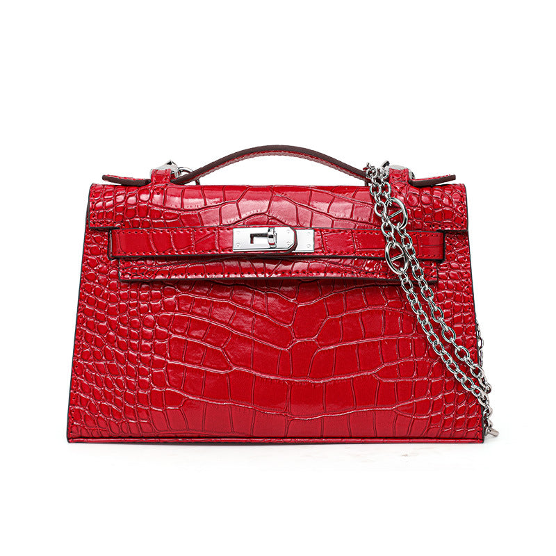 Genuine Leather Red Crocodile-Embossed Kelly-Style Handbag for Women, New Premium Shoulder Crossbody Top Handle Purse, Chic Bag for Ladies