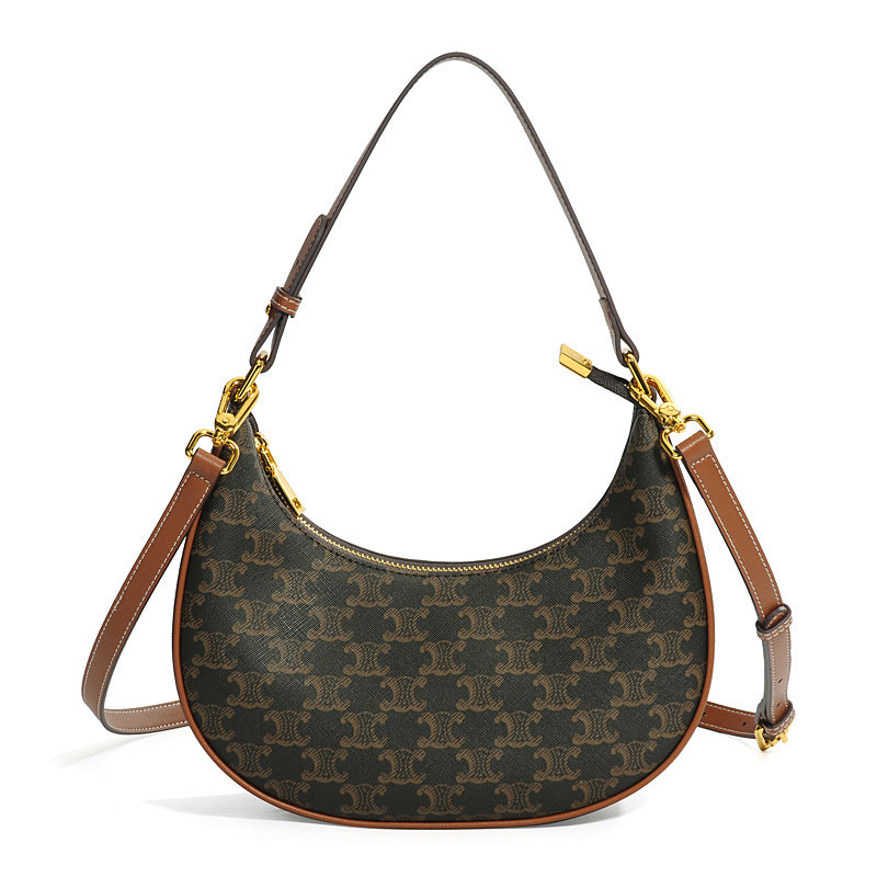 New Vintage Monogram Arch Style Genuine Leather Shoulder Crossbody Bag for Women, Celebrity Crescent Baguette Bag