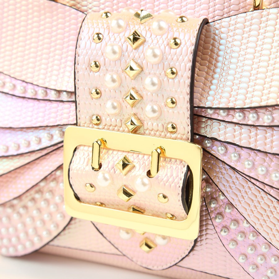 Pearl Stud Wing Boston Bag for Women Gradient Color Shoulder Crossbody Handbag, Trendy Chain Purse with Dragonfly Hardware Accent